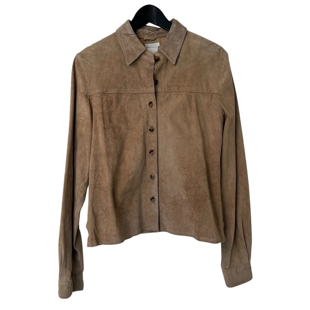 Vintage GNW Suede Leather Shirt Jacket Light Tan Brown Large Neutral Fall Casual